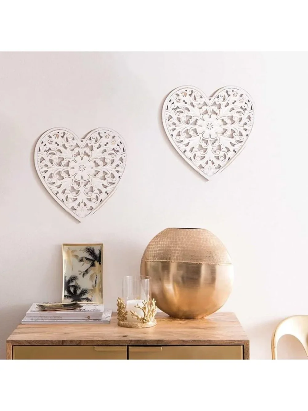 Rustic Floral Carved Wall Art Panel - Heart Shape Hanging Decor for Home